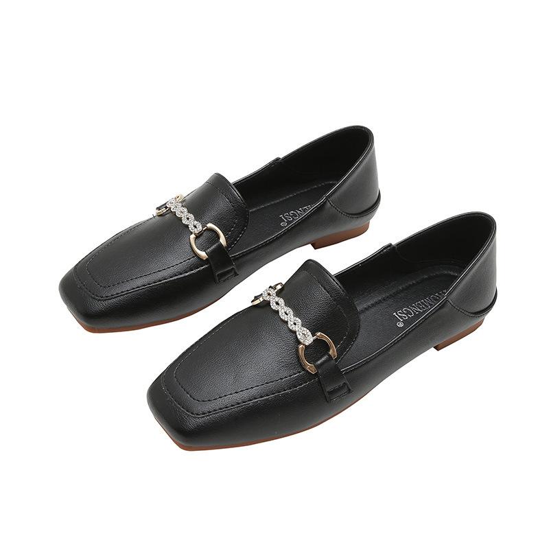 Japoński styl college'u Wiosna Nowe małe skórzane buty damskie Rhinestone Płaskie dno Kwadratowe noski Duże rozmiary Buty typu loafer damskie