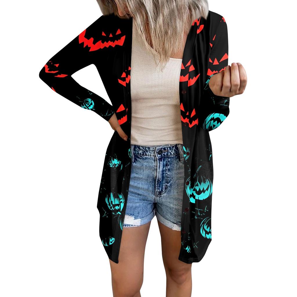 Women's Casual Cardigan Halloween Printed Long Sleeve Top With Pockets