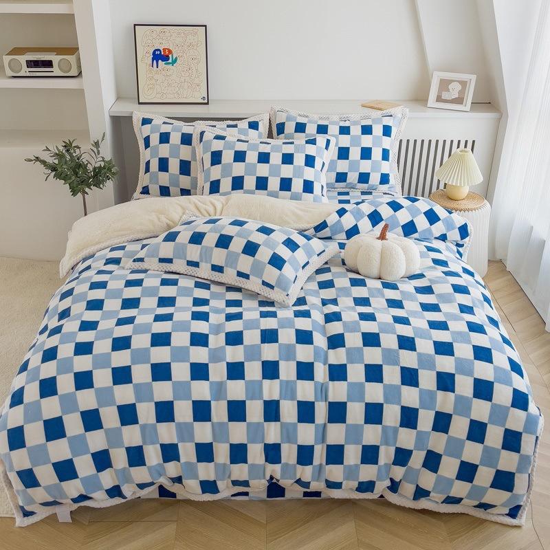 Double-Sided Thickened Milk Fleece Bed Four-Piece Set Of Fleece Lamb Fleece Children'S Quilt Cover Coral Fleece Bed Sheet To Keep Warm