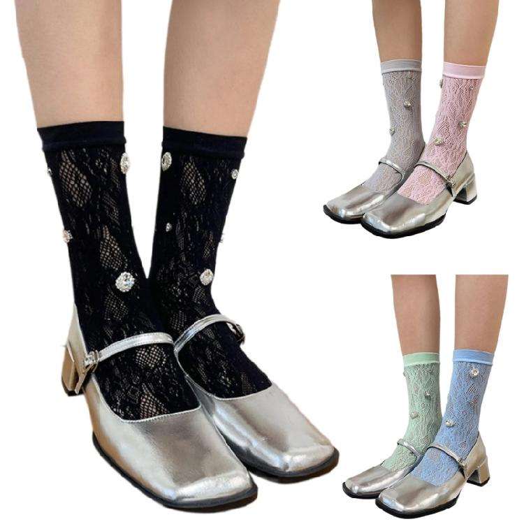 Women Crew Socks Crystal Calf Socks Lace Socks Transparents Meshes Ankle Socks