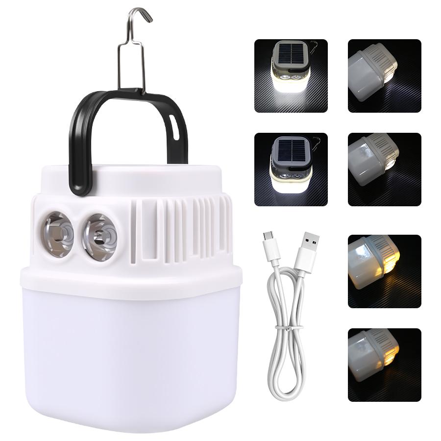 Solar LED Light Bulb USB Rechargeable Camping Light 1200mAh Portable Outdoor Searchlight Multiduty Hanging Lamp with Flashlight
