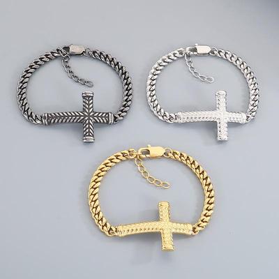 Men's Retro Cross Cuban Bracelet - Titanium Steel, Hip Hop Rock Style, Adjustable Braided Design
