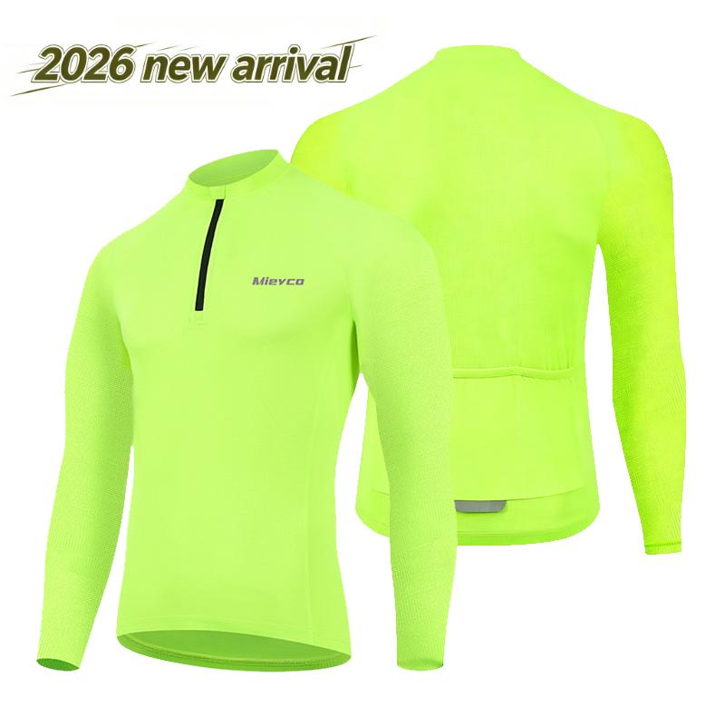 Summer Men's Long Sleeve Cycling Jersey, Half Zip Breathable Mesh Bike Shirt, Fluorescent High Visibility Road Biking Top