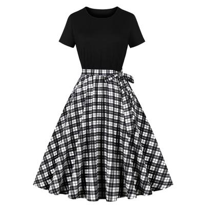 Summer New Retro Women's Crew Neck Short Sleeve Black Patchwork Printing Pendulum Dress