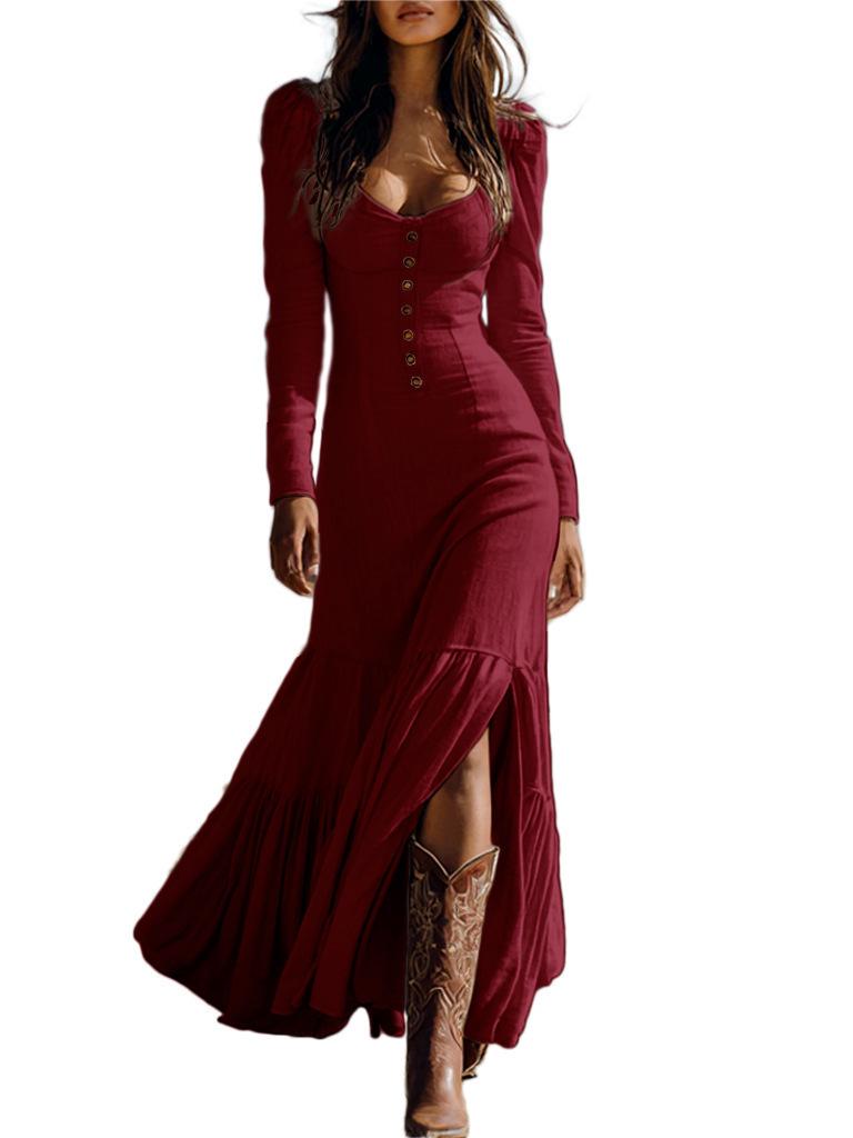 Retro Western-Style Buttoned Long Sleeve Pleated Dress
