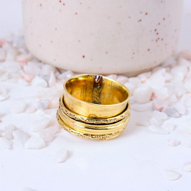 Two-Band Brass Spinner Fidget Ring | Woven Geometric & Floral Pattern | Unique Anxiety Relief Statement Accessory