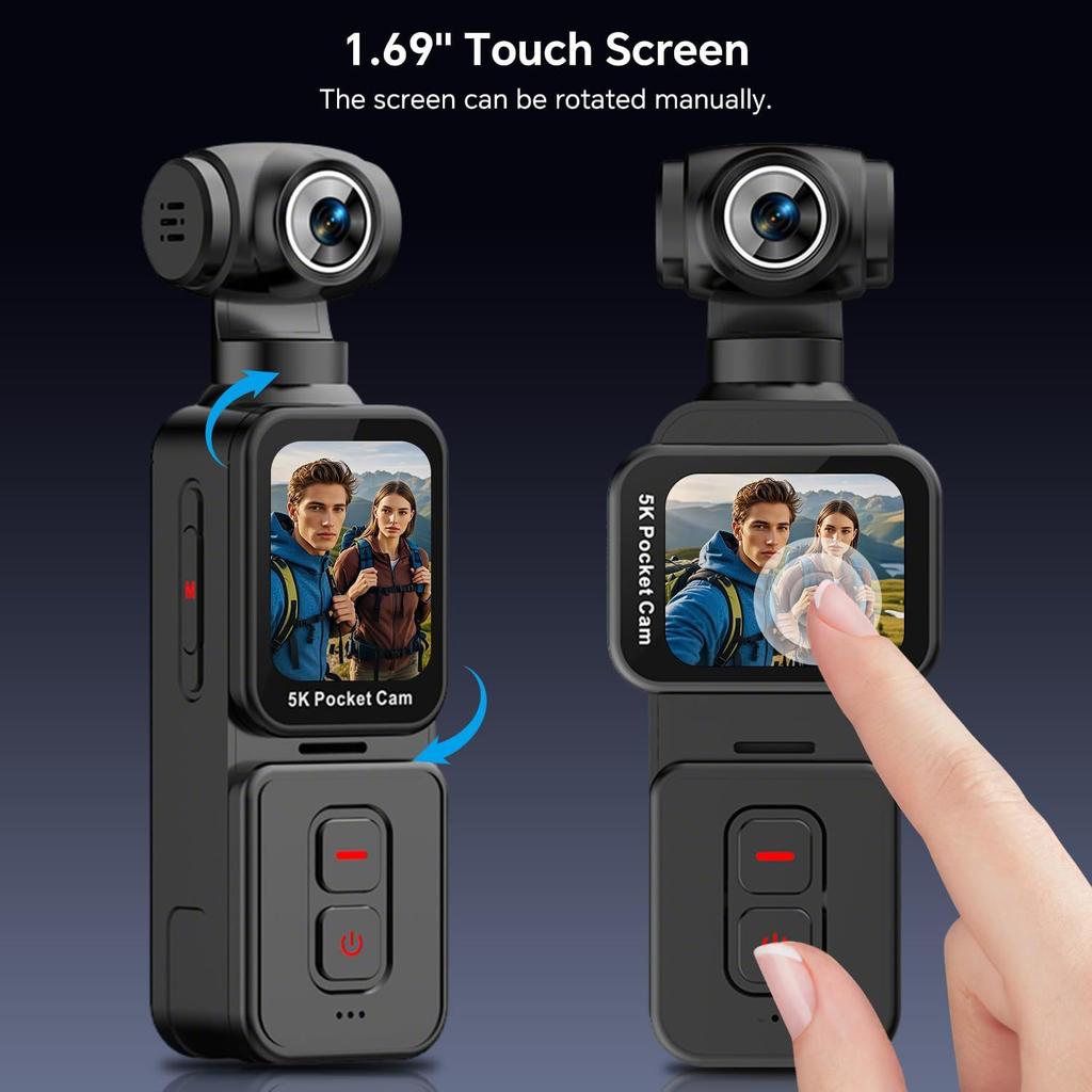 5K Pocket Action Camera with 6-Axis Gimbal Stabilizer, 270° Rotatable Motorized Lens, Face Tracking, WiFi APP Control, 1.69" Touch Screen