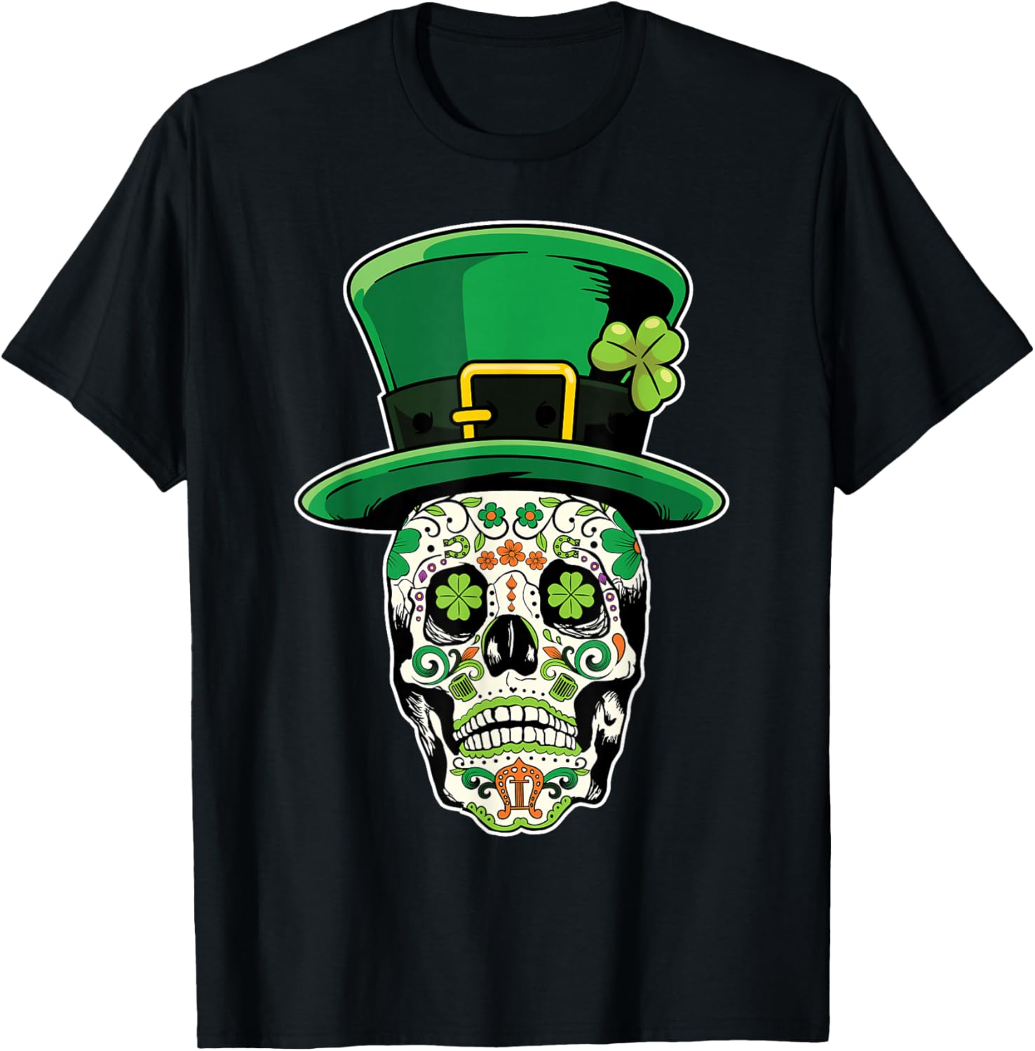 

Sugar Skull Leprechaun Hat St Patricks Day Graphic Tee Soft Cotton Casual Top for Men 4XL