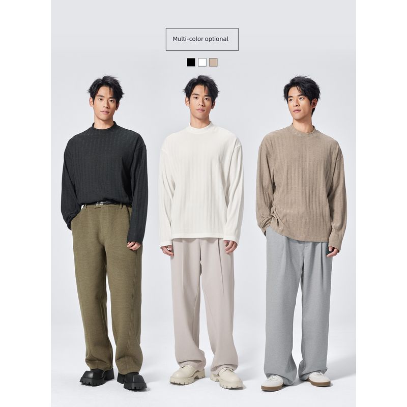 Bodydream Textured Long-Sleeved T-Shirt for Men In Autumn, Loose Casual Velvet-Like Base Shirt, Retro Pure Color Top