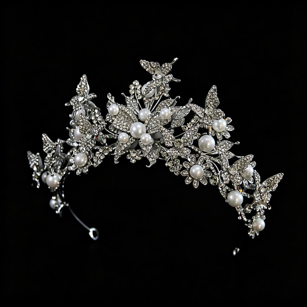 Elegant Pearl Butterfly Tiara Vintage Silver Rhinestone Wedding Crown Princess Tiara Headband Pageant Party Hair Jewelry