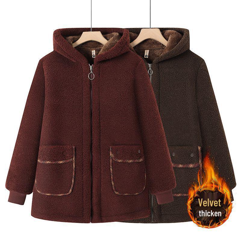 Mom's Plus Size Hooded Fleece-Lined Winter Coat for Middle-Aged and Elderly Women - Lambswool Padded Jacket