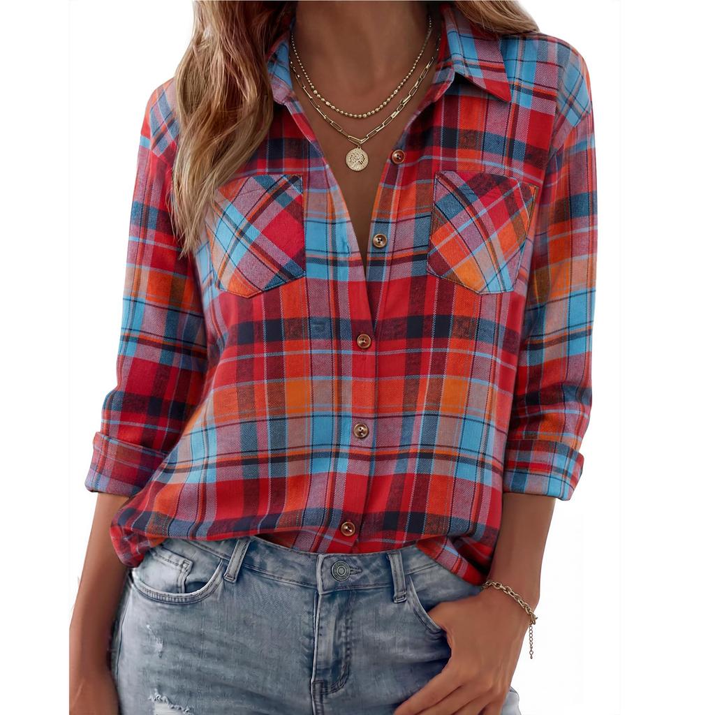 Women's Casual Plaid Long Sleeve Lapel Collar Cardigan Shirt