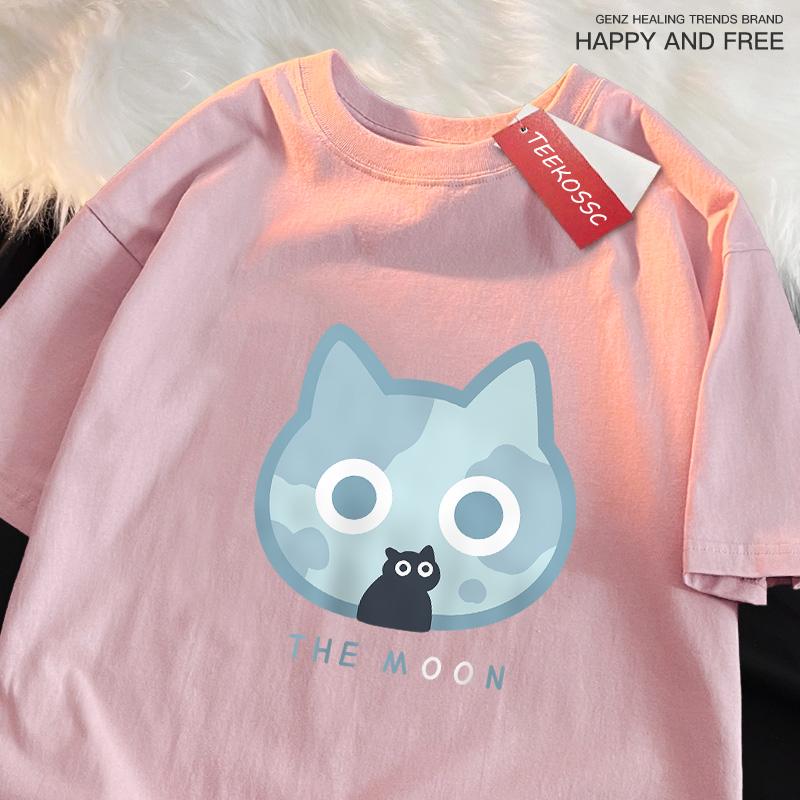 The Moon Blue Cat Fun Japanese Style Men Women T-Shirts Cotton Oversized Short Sleeve Shirt Loose T-Shirt Breathable Casual Tops