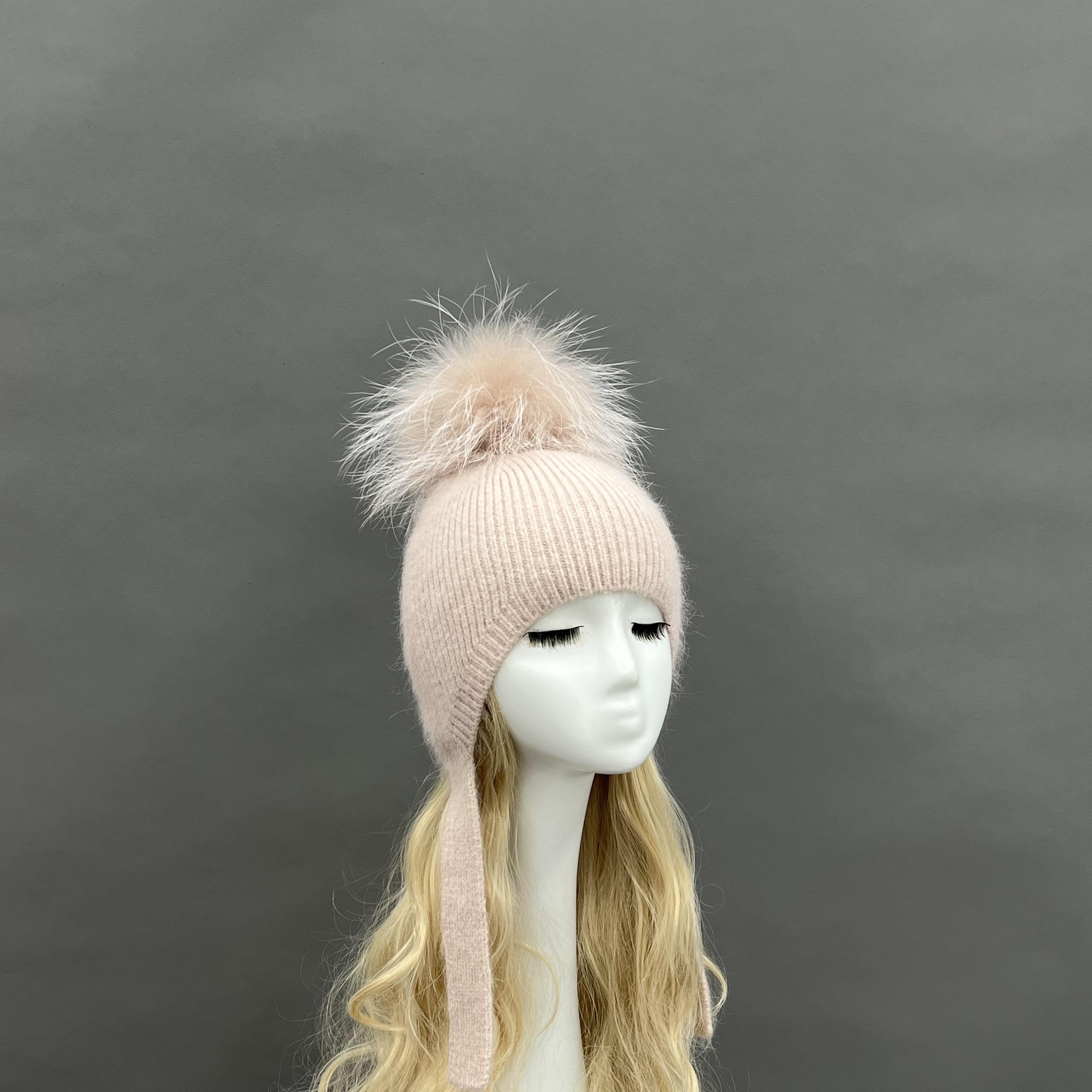 Janefur Women s Baby Pink Cute Ear protection Angora Fur Beanie Hat Ladies Knitted Hat with Fur Pom Pom детские розовый