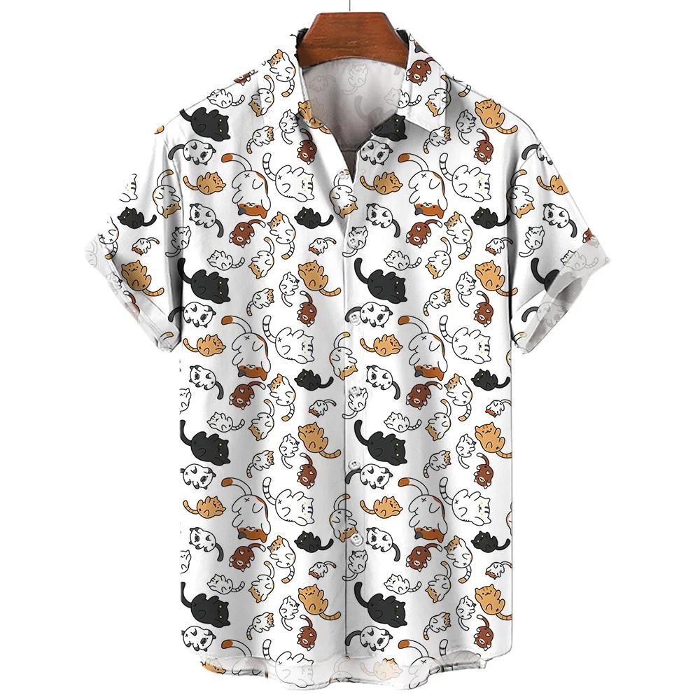 Woman Cat Shirts Short Sleeve Korean Clothes Summer Print Clothes Lapel Button Tops Outdoor Comfortable Versatile