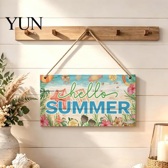 Summer Themed Gifts Wooden Hanging Sign, Beach Theme Welcome Sign Front Door Decor with Rustic Wood Plaque Rope, Colorful Hanger for Seasonal