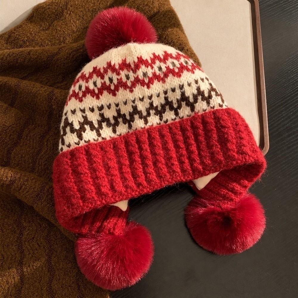 Cute Style Knit Beanie Hat Fleece Lined Winter Earflap Cap Jacquard Pullover Bonnet Students