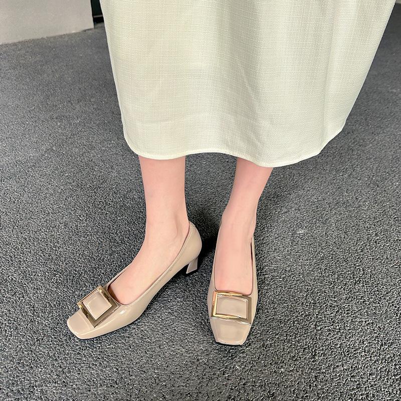 Grape Mother Spring New Elegant Light Mouth High Heels Temperament Square Head Thin Versatile Thick Heel Square Buckle Single Shoes Women