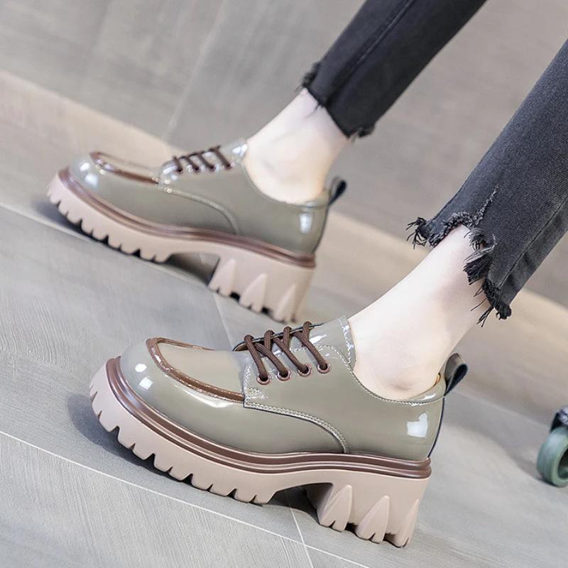 Euramerican Lefu Shoes Female 2024 Autumn Luxury Color Matching Thick Sole Heightened Small Leather Shoes Female Zapatos Mujer