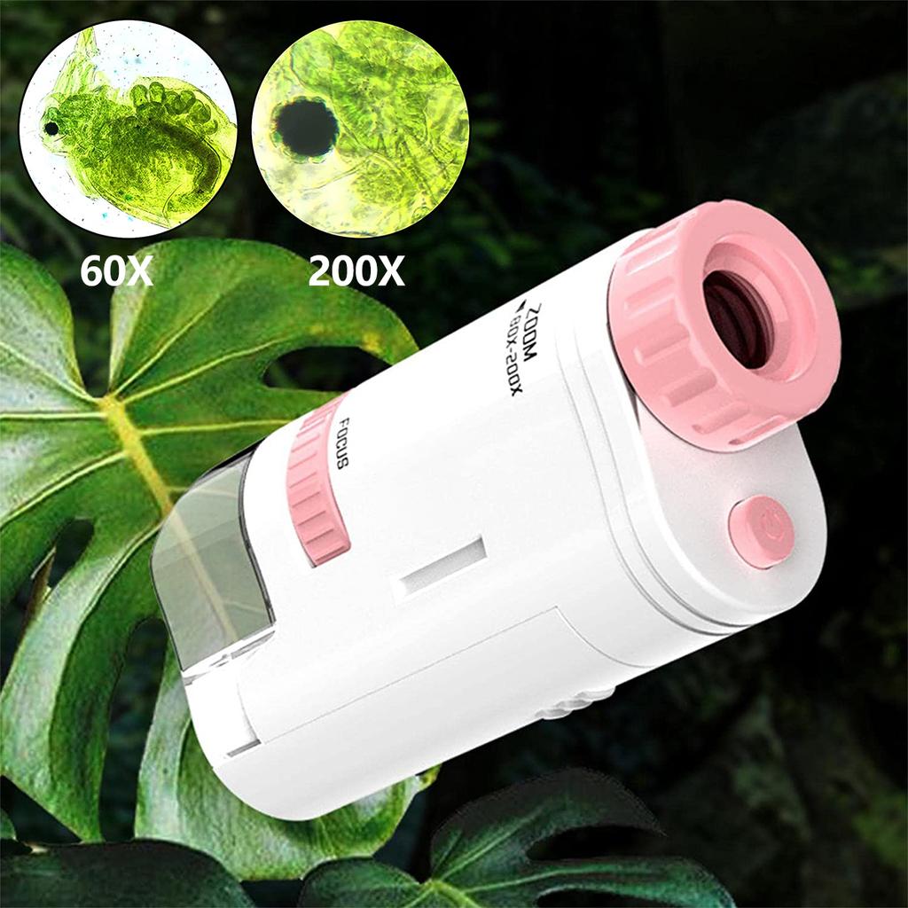 60-200x Pocket Microscope Electric Mini Microscope with LED Light Portable Child Microscopes for Kids Microbiological Learning