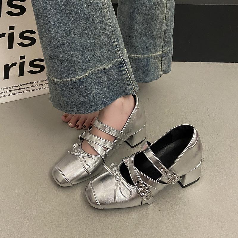 Silver inner height increase Mary Jane shoes bow flat bottom new 6cm French single shoes women's summer ballet large size women's shoes