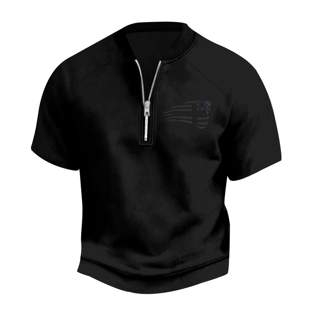 Pánské letní vintage tričko na poloviční zip s potiskem vlajky Dne nezávislosti a krátkým rukávem