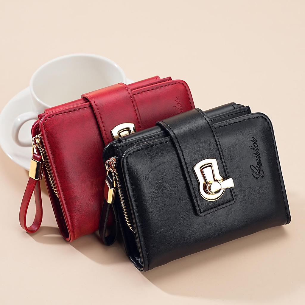 2025 Women's Genuine Leather Short Wallet - Multi-Card Slot, Large Capacity, Coin Purse, Cowhide, Korean Style, Buckle Closure.