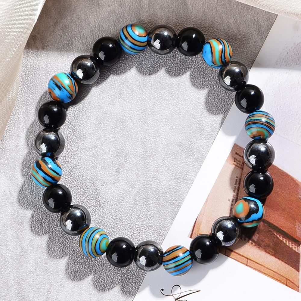 Triple Protection Bracelet, Blue Malachite Black Bile Obsidian Beaded Bracelet, Handmade Stretch Beaded Bracelet