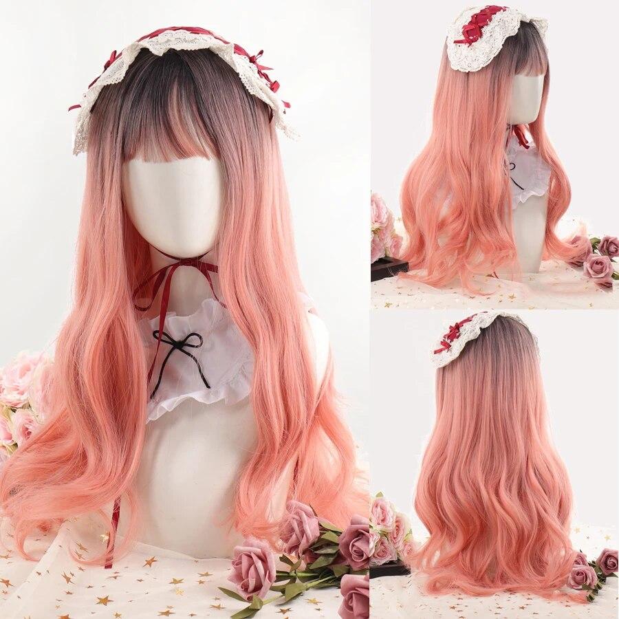 Synthetic Natural Black Wigs Long Wavy Wig for Women with Bangs Halloween Party Daily Heat Resistant Fibre Hair Wigs