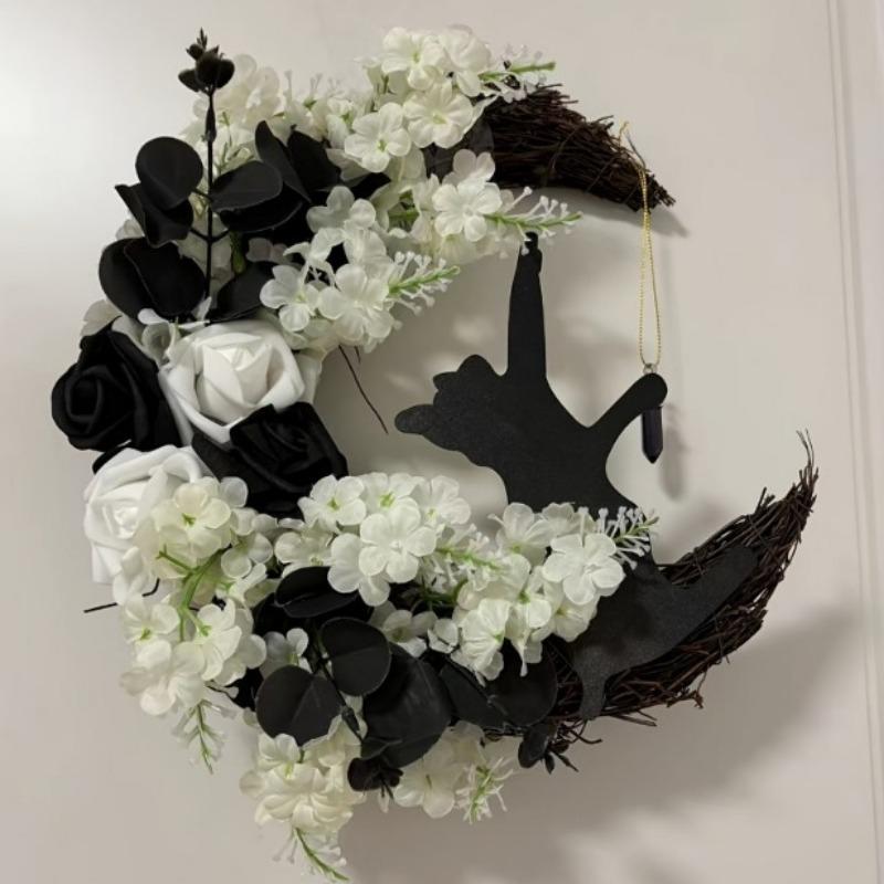 

Halloween Moon Wreath Simulated Roses and Black Cat - Door Garland Halloween Home Party Indoor Decoration without Power Supply 35cm