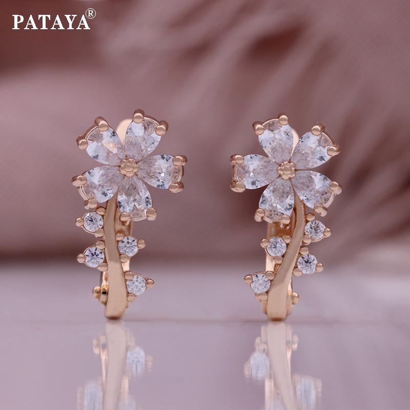 PATAYA Růžové zlaté náušnice ve stylu květu bílé umělé zirkony