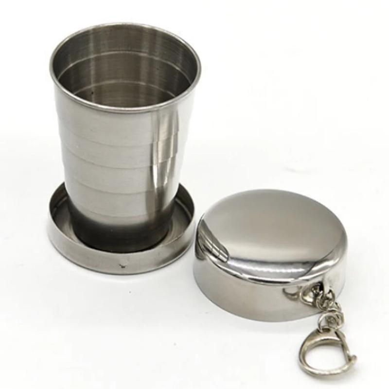 1Pc 75ML Stainless Steel Folding Cup Keychain Stainless Steel Folding Retractable Cup Teacups Teaware Folding Glass