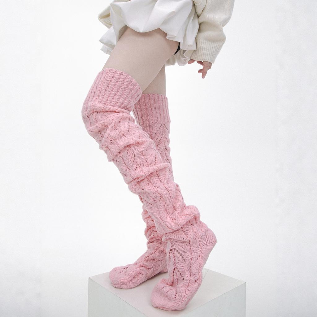 Autumn And Winter Knee Stacking Socks Children'S Knitted Wool Warm Long High Tube Socks Mesh Hollow Non-Slip Vertical Pattern Thigh Socks