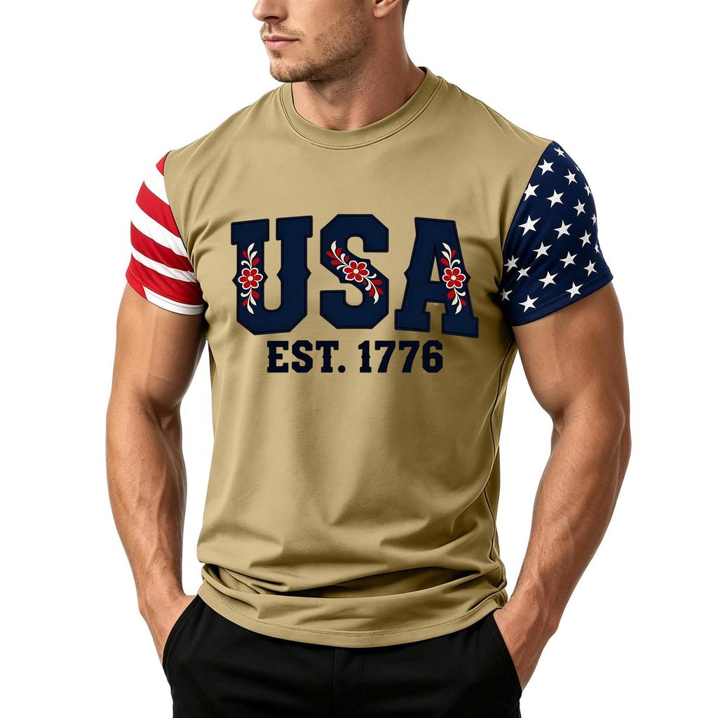 Men's Independence Day Flag Print Short Sleeve T-Shirt, Loose Casual Daily Summer Tops