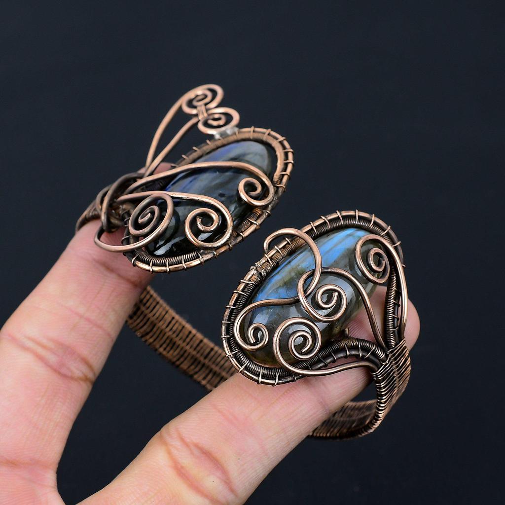 Labradorit-Edelstein, reiner Kupferdraht, umwickelt, handgefertigter Manschetten-/Armreif-Schmuck für Sie