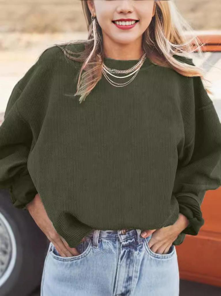 Women's Autumn/Winter Corduroy Round Neck Sweatshirt - Casual Long Sleeve Fashion Pullover