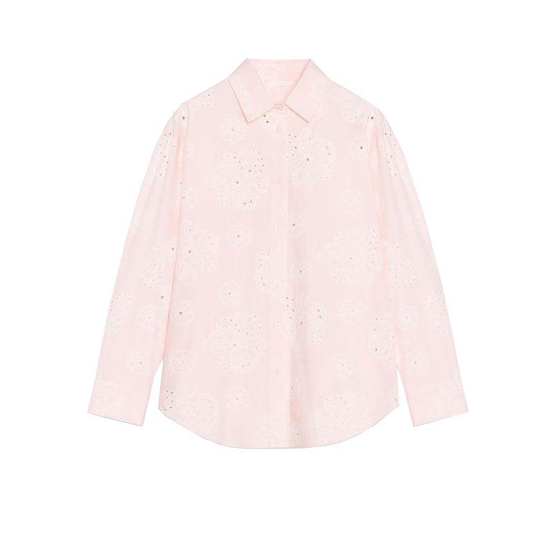 

Summer New Women clothes Single-Breasted Adhesive Press Embroidery Fashion Long sleeve Lapel Shirts Top 7484066 Pink L