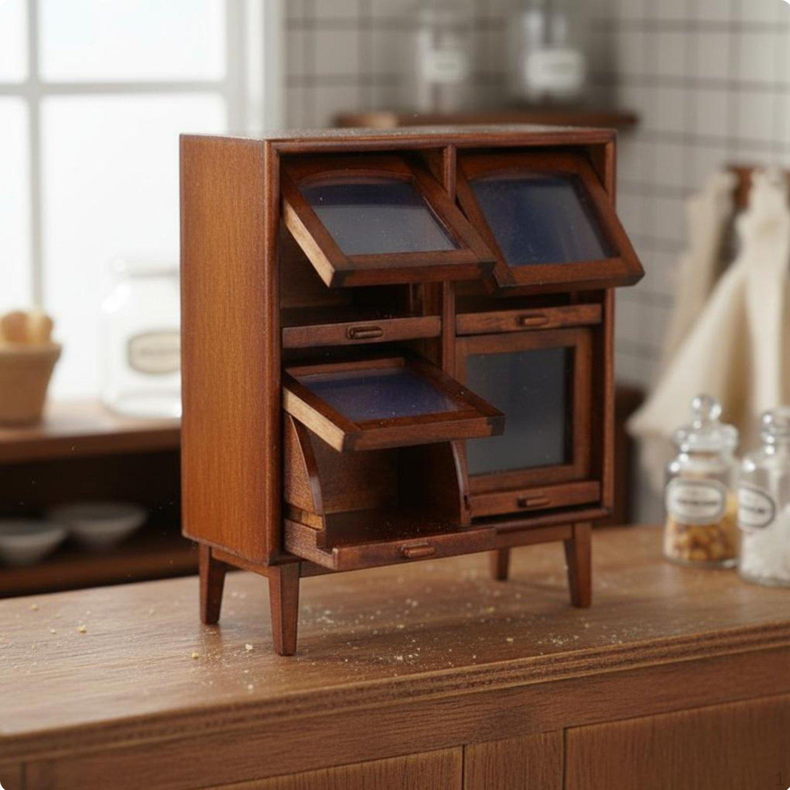 Wooden Dollhouse Storage Cabinet Realistic Design Miniature 4Compartment Display Walnut