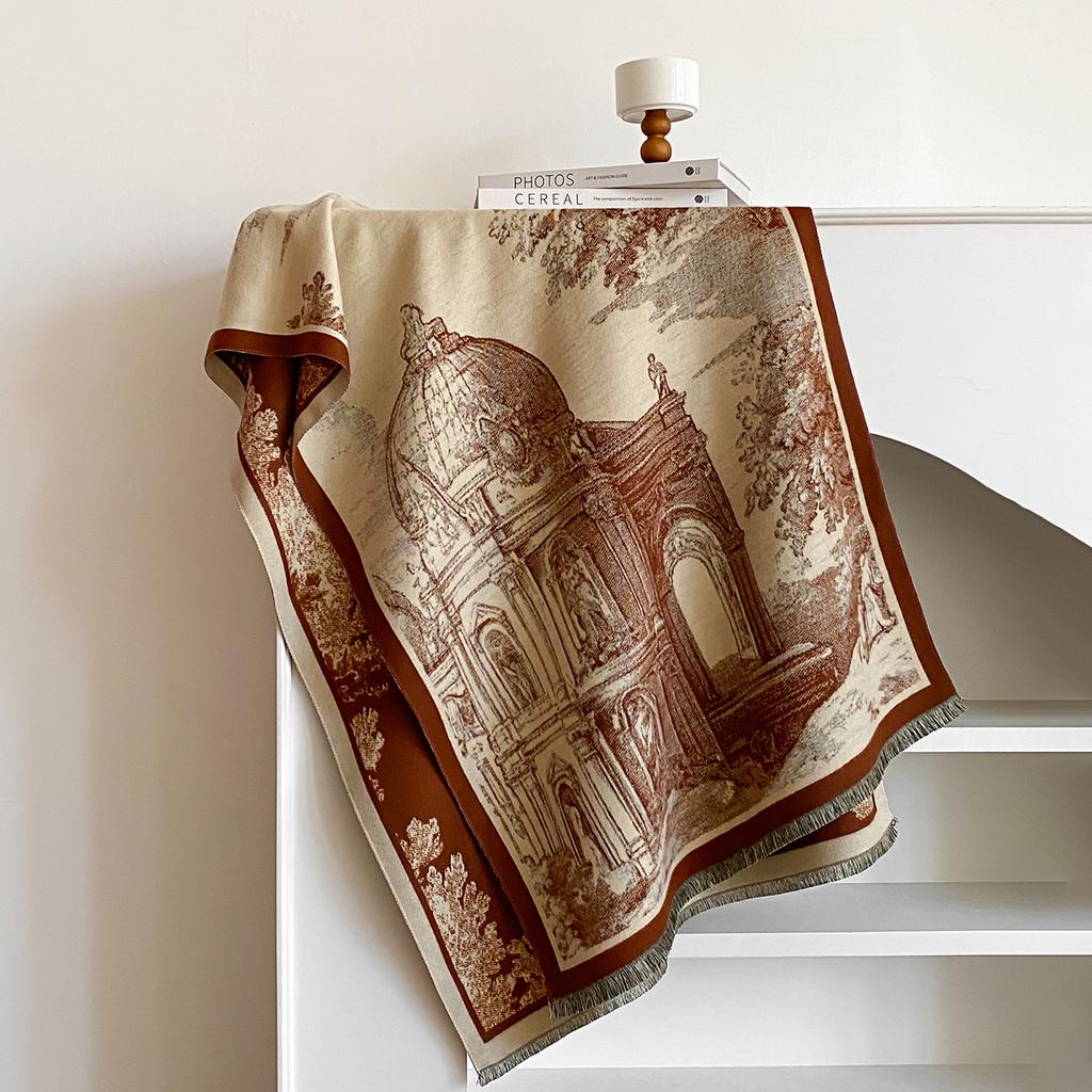 New Classical Architecture Style Cashmere Women Print Double-sided Scarf  Winter Warm Shawl Pashmina Female Outdoor Scarves