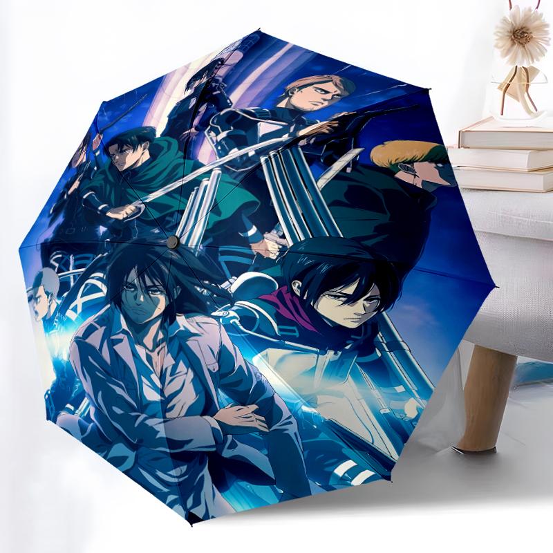 Attack On Titan Print Automatic Umbrella, 8 Rib Iron Frame, Plastic Handle, Suitable for Outdoor Travel &Daily , Ideal Gift