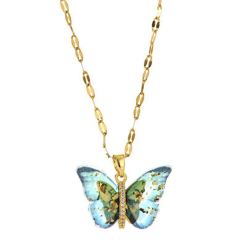 Japanese & Korean Style Gradient Butterfly Zircon Steel Necklace - High-End Non-Fading Women's Clavicle Chain
