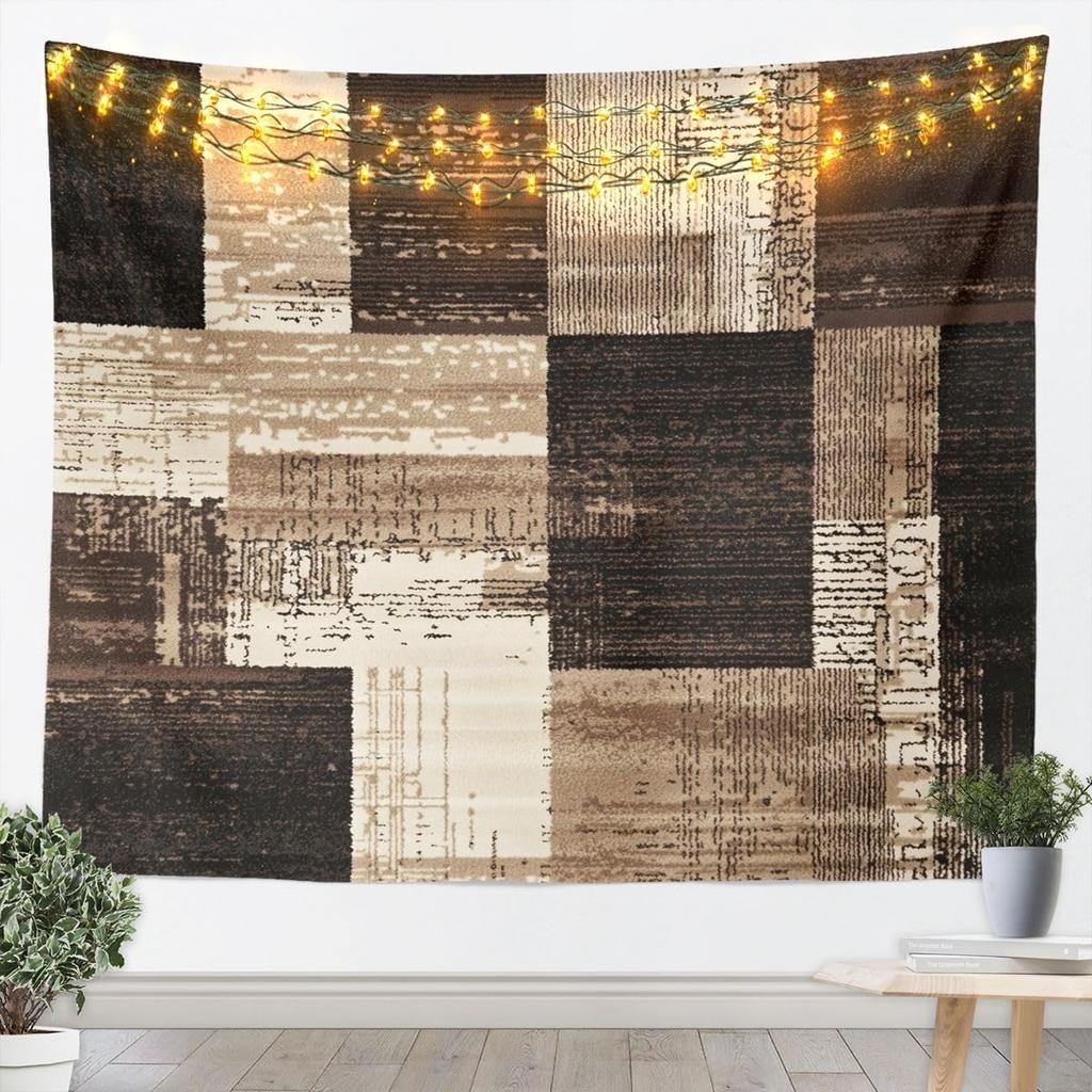 Modern Geometric Tapestry Brown Patchwork Texture Retro Wall Art for Living Room Bedroom Modern Art Wall Hanging Blanket Luxury