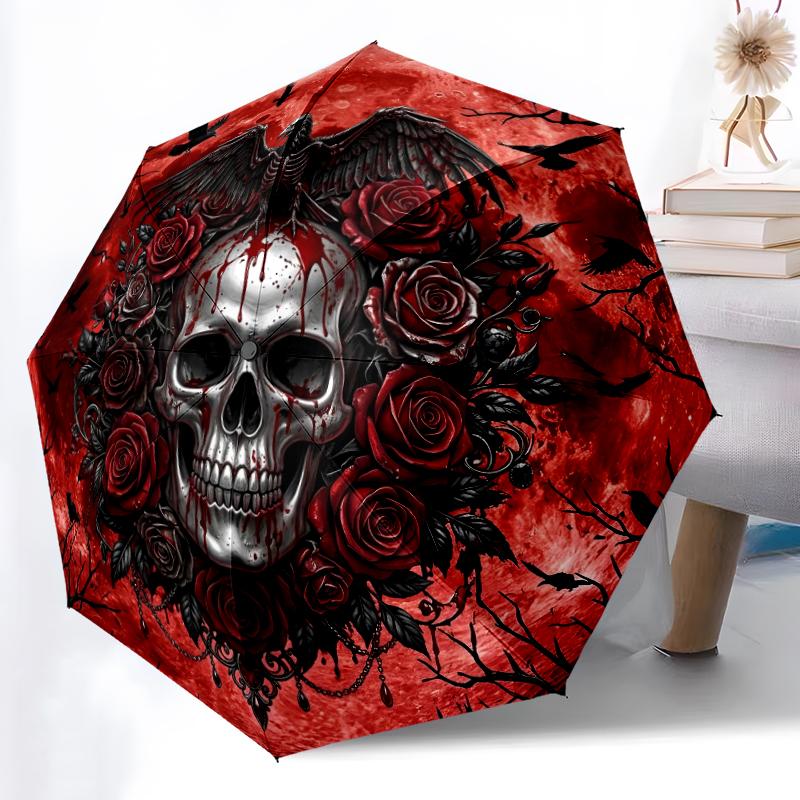1 szt. Solidny parasol automatyczny z 8 żebrami, Parasol Aura z Gotyckim Krukiem, Czaszką i Krwią, Drukowany cyfrowo, Składany parasol do użytku na zewnątrz w podróży