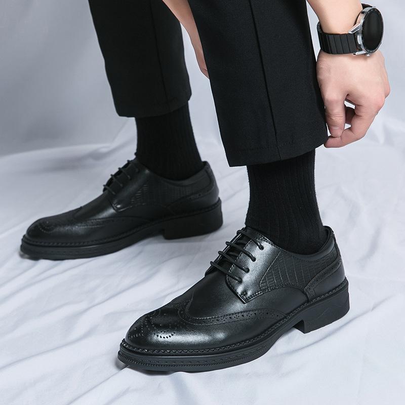 Brock Carved Leather Shoes Black Men's Shoes British Derby Shoes Groom Wedding Business Dress Casual Leather Shoes