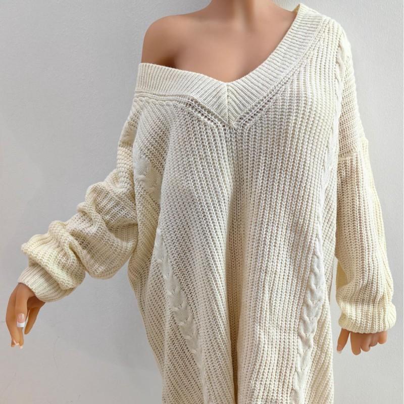 Womens Oversized Loose Knit Dress Deep V-Neck Long Sleeve Solid Color Winter Sweater