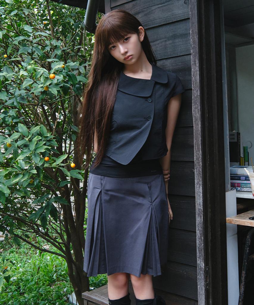 Miseki Seoul Accordion Side Pleats Midi Skirt Charcoal