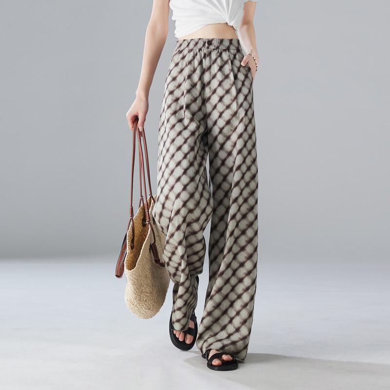SOFSIL 2026 Summer Tencel Linen Retro Plaid High-Waisted Wide-Leg Pants 28/L