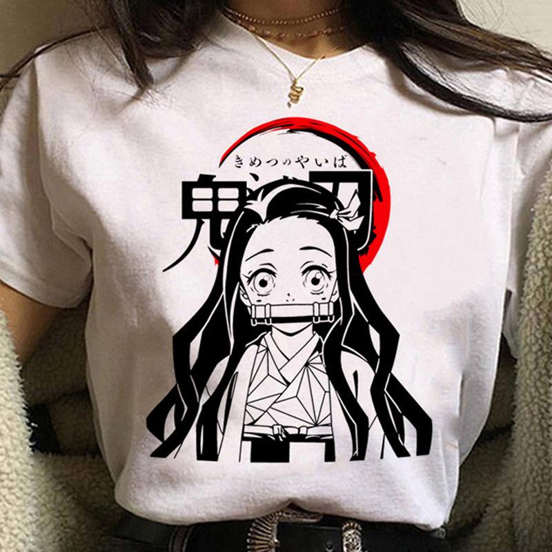 Kawaii Casual Anime Demon Slayer Kimetsu No Yaiba Graphics Female T-Shirt Summer Loose Blouse White Tees O-Neck Women Goth Tops
