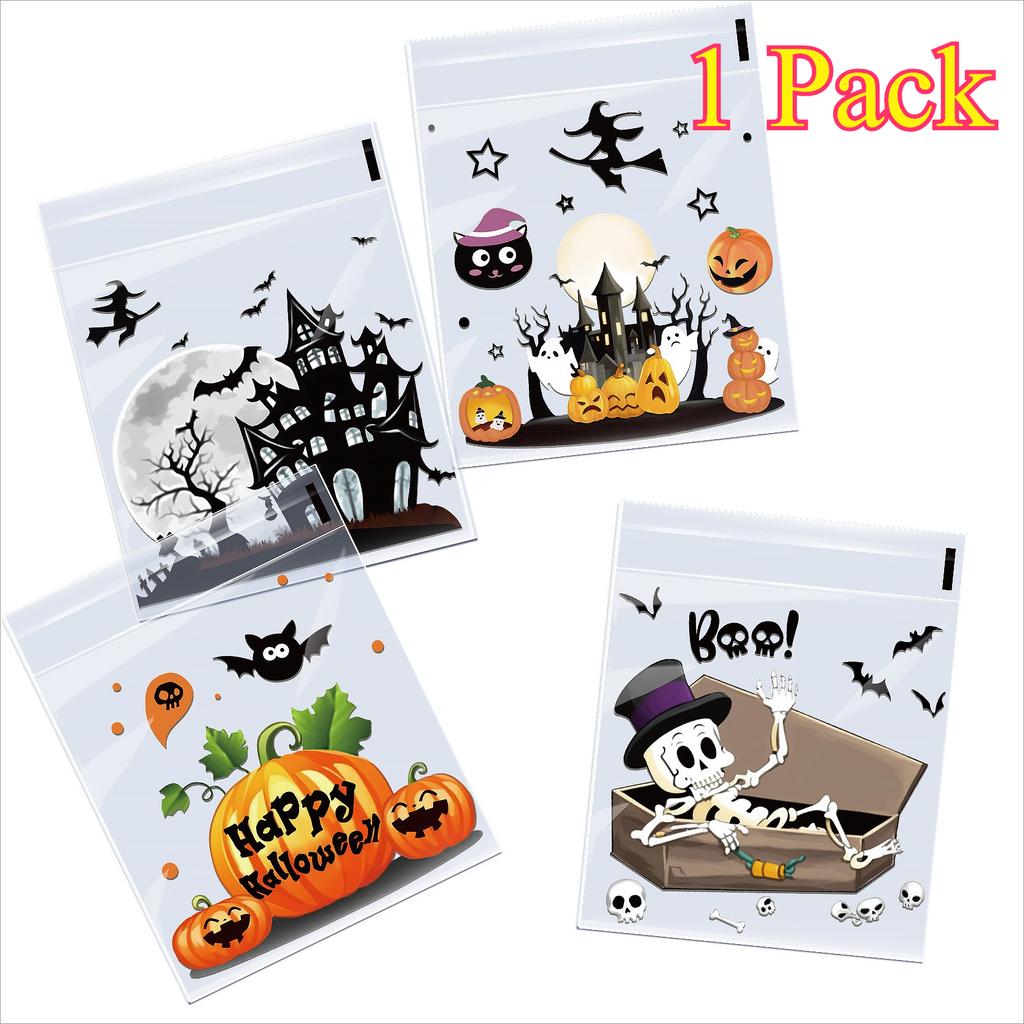 100pcs/pack Halloween Self-adhesive Plastic Gift Bags, Reusable Skeleton, Bat & Pumpkin Designs, Durable Bags for Party&Events