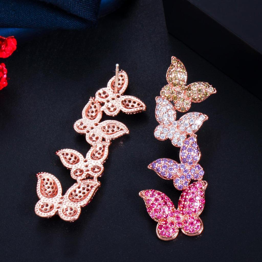 Korean Style Rose Gold Butterfly Zircon Earrings with S925 Silver Needle